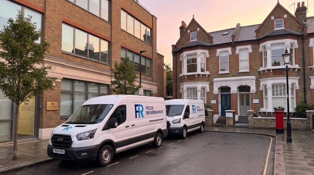 Focus Refurbishment vans outside a London commercial building and Victorian home