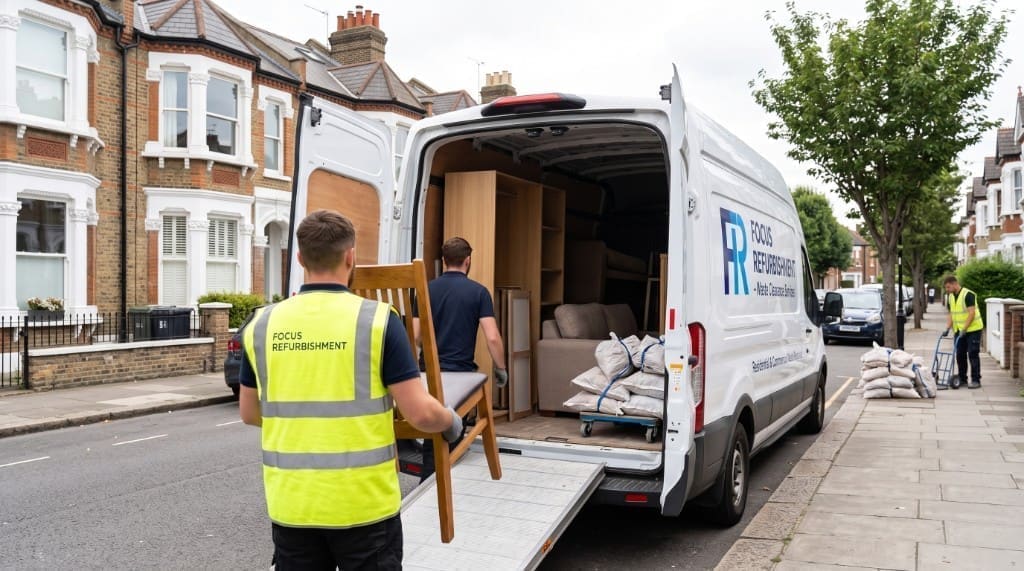 Focus Refurbishment waste clearance van on a London residential street